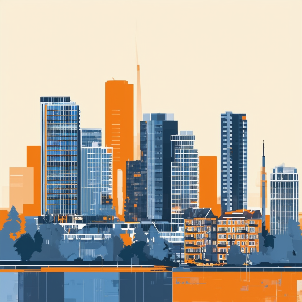 High-quality flat vector illustration showcasing Frankfurts thriving commercial real estate market featuring modern office spaces and industrial properties set against a backdrop of contemporary architecture incorporating White ffffff Orange ec6707 Blue 13