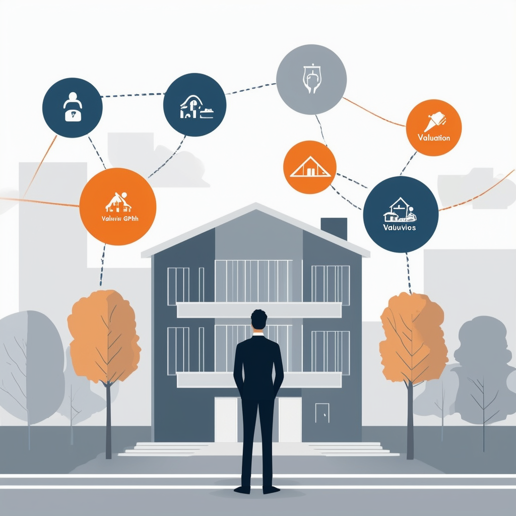 Professional Real Estate Agent Standing in Front of Modern Building Surrounded by Icons Representing Valuvis GmbH Services: House Buying  Selling Property Management Valuation More.