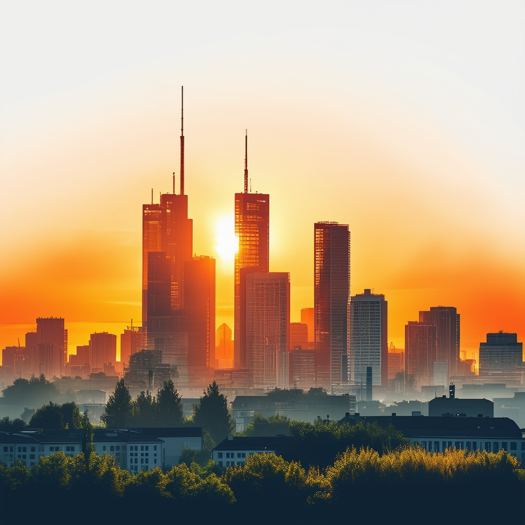 High-quality flat vector illustration showcasing Frankfurt skyline with rising skyscrapers surrounded by lush greenery symbolizing growth and stability set against gradient background transitioning from White ffffff to Orange ec6707 representing citys vibr