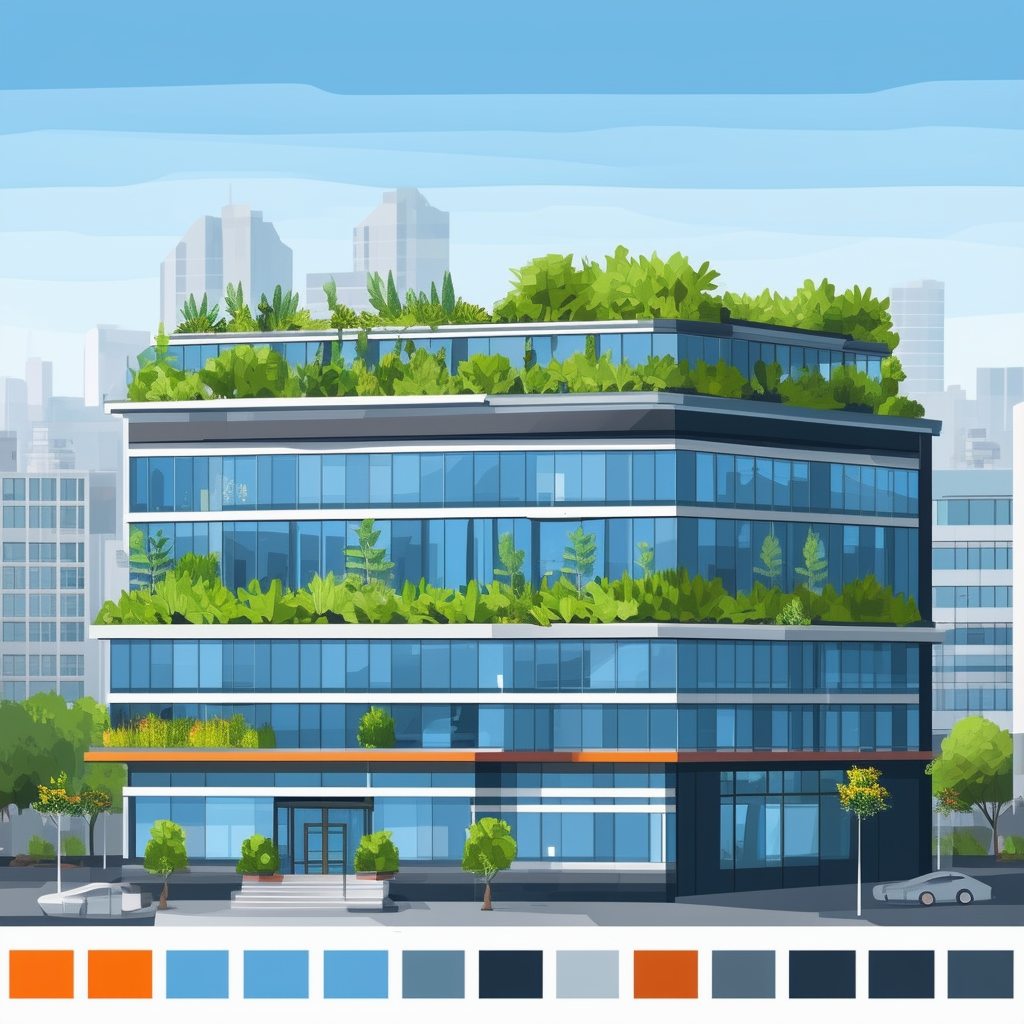 Professional office building with rooftop garden surrounded by urban landscape conveying modernity and sustainability featuring hex colors: White ffffff Orange ec6707 Blue 1398f8 Dark Gray 595857 Light Gray a6a7a8.