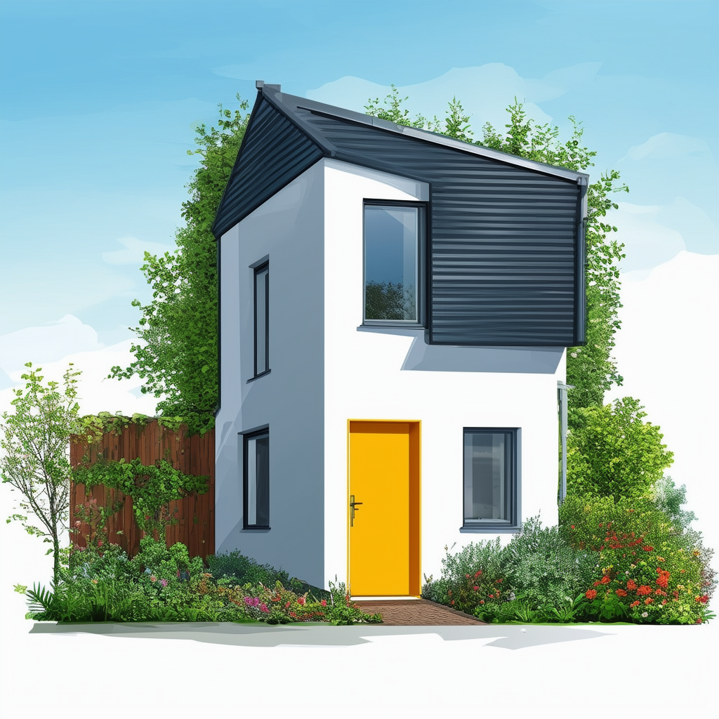 Modern Frankfurt House: Bright Yellow Door Greenery  Skyline - White Orange Blue DarkGray LightGray