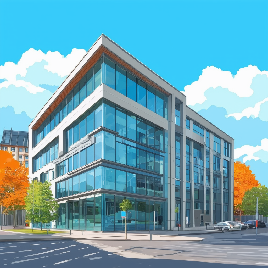 High-rise office building in Frankfurts financial district modern architecture glass facades rooftop garden blue sky with white clouds hex colors: ffffff ec6707 1398f8 595857 a6a7a8.