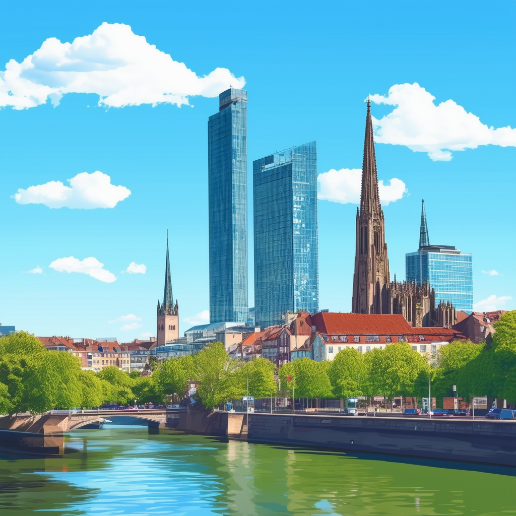 Professional high-quality illustration of an Immobilienmakler in Frankfurt showcasing a blend of modern architecture and historic buildings against a bright blue sky with white clouds. The image highlights prominent landmarks such as Roemerberg square Fran