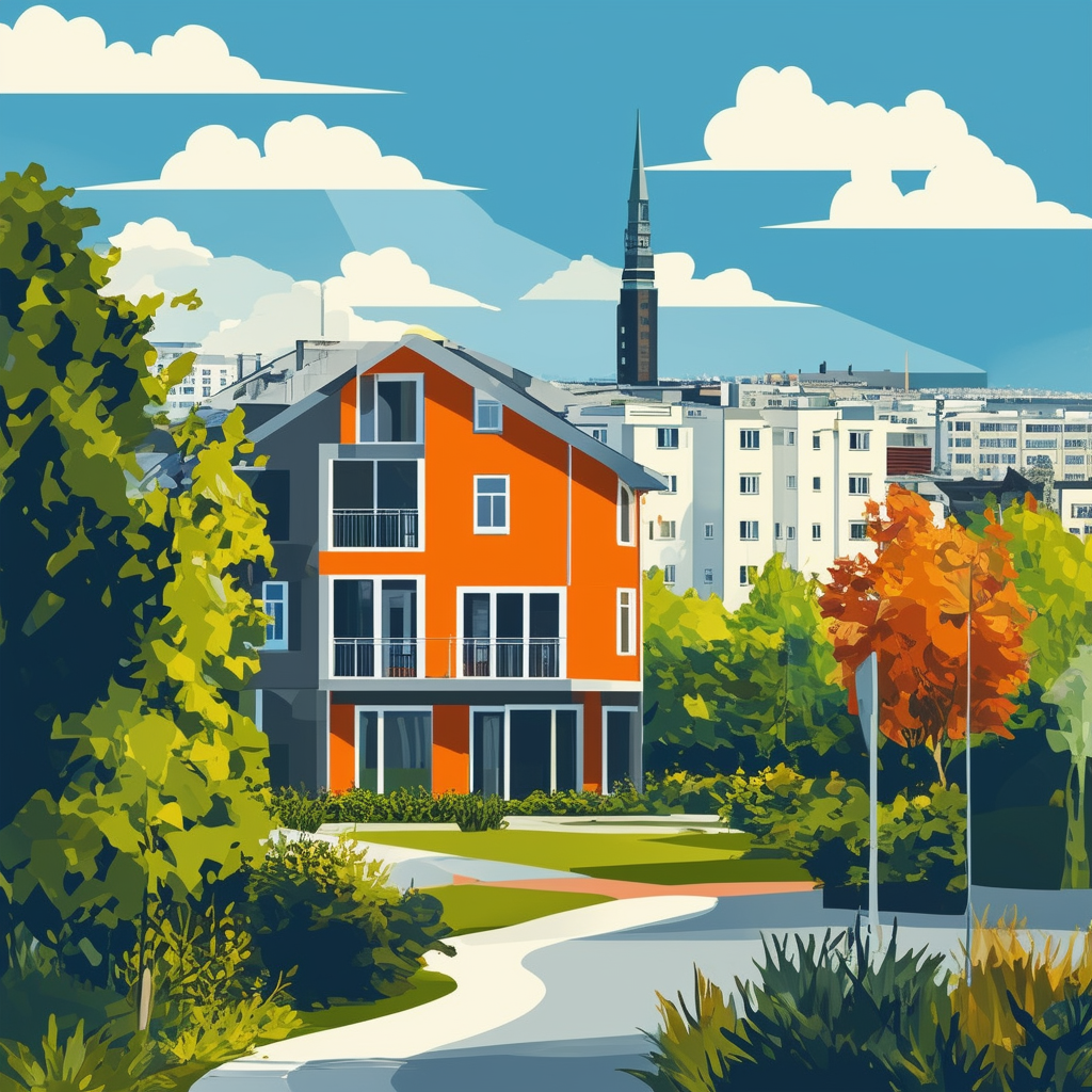 Modern Frankfurt cityscape illustration featuring a house in the foreground surrounded by greenery and urban elements conveying dynamism and opportunity set against a bright blue sky with white clouds incorporating Orange ec6707 Blue 1398f8 Dark Gray 59585