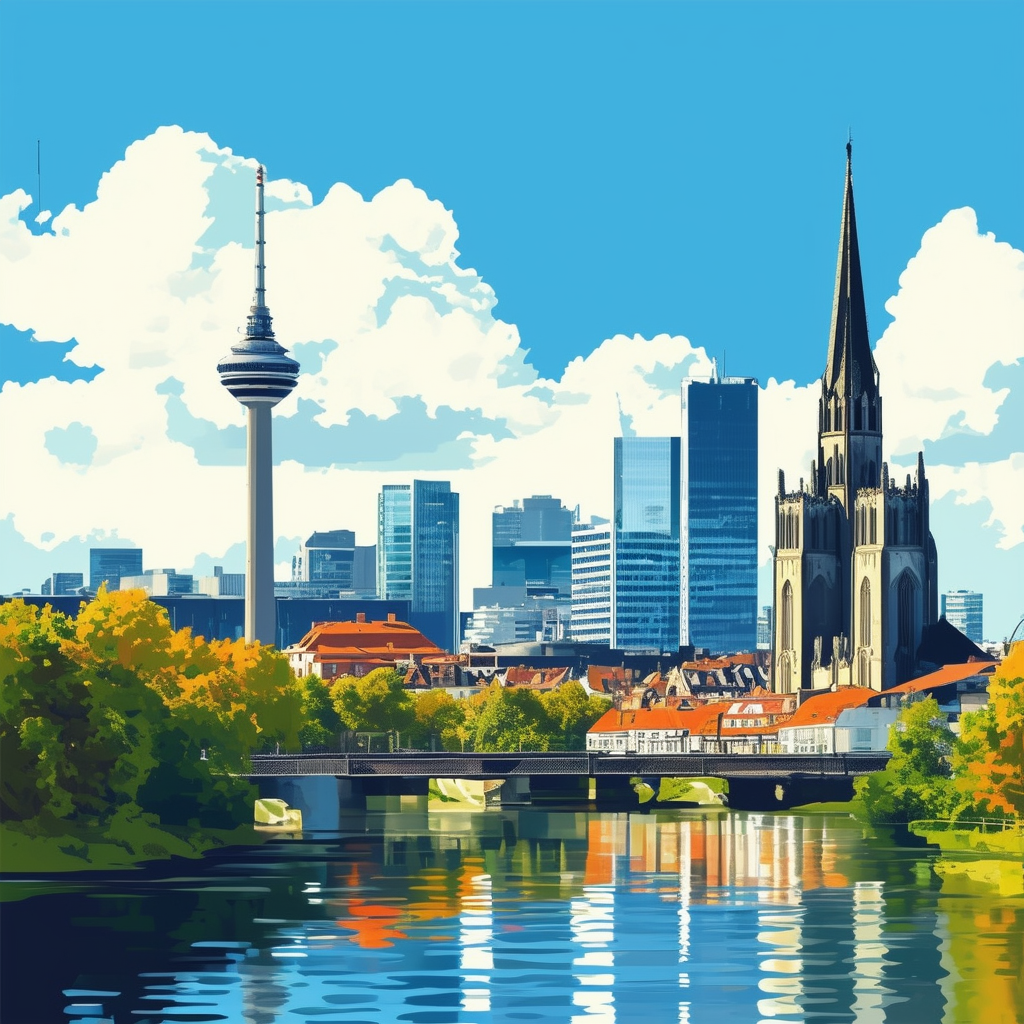 Modern Frankfurt cityscape illustration featuring iconic buildings like Main Tower and Roemerberg Church set against bright blue sky with fluffy white clouds surrounded by lush greenery incorporating Hex colors: White ffffff Orange ec6707 Blue 1398f8 Dark