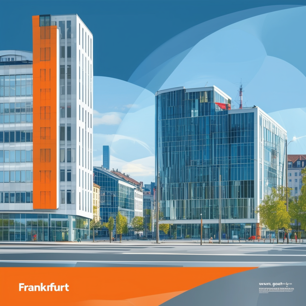 Professional office building with Frankfurt skyline view highlighting financial district  international connections clean lines bold typography White ffffff Orange ec6707 Blue 1398f8 Dark Gray 595857 Light Gray a6a7a8 colors conveying professionalism innov