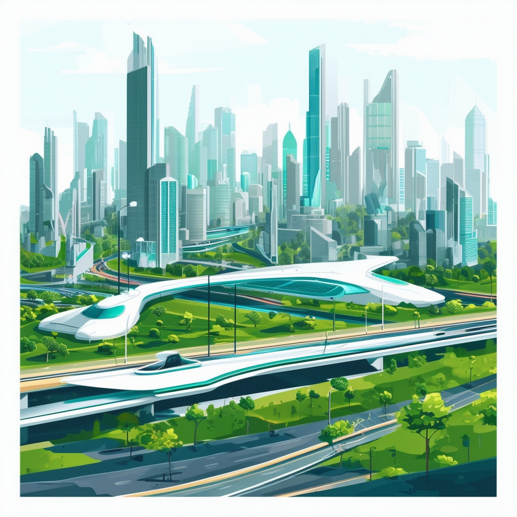 Future Cityscape: Modern Architecture Green Spaces Innovative Transportation Futuristic Buildings Urban Development Sustainable Living Eco-Friendly Infrastructure.