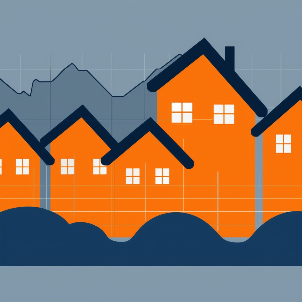 Eine stabile Immobilienmarktillustration mit subtilen Schwankungen die eine ausgewogene und professionelle Stimmung mit Weiss Orange Blau Dunkelgrau und Hellgrau vermittelt.