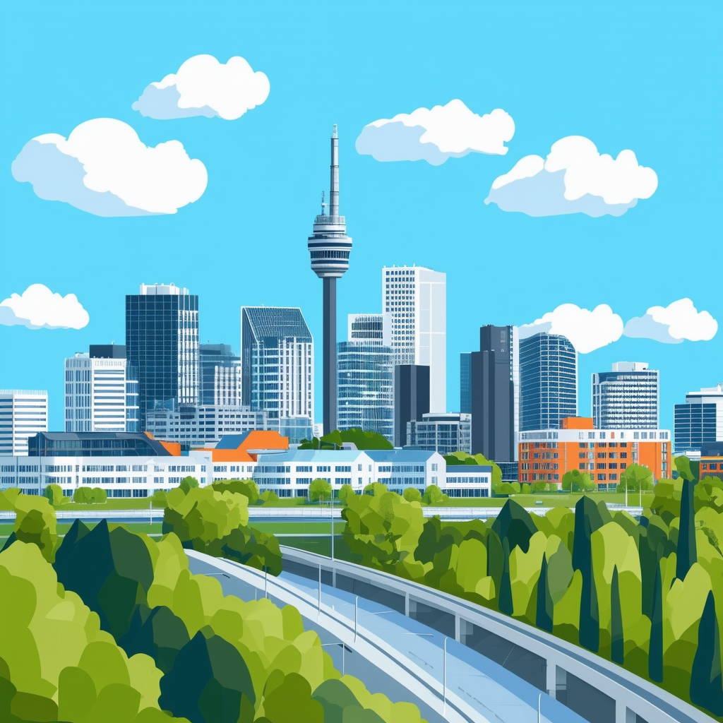 Modern Frankfurt skyline illustration featuring iconic buildings lush green spaces and vibrant hues: White ffffff Orange ec6707 Blue 1398f8 Dark Gray 595857 Light Gray a6a7a8 set against a bright blue sky with fluffy white clouds.