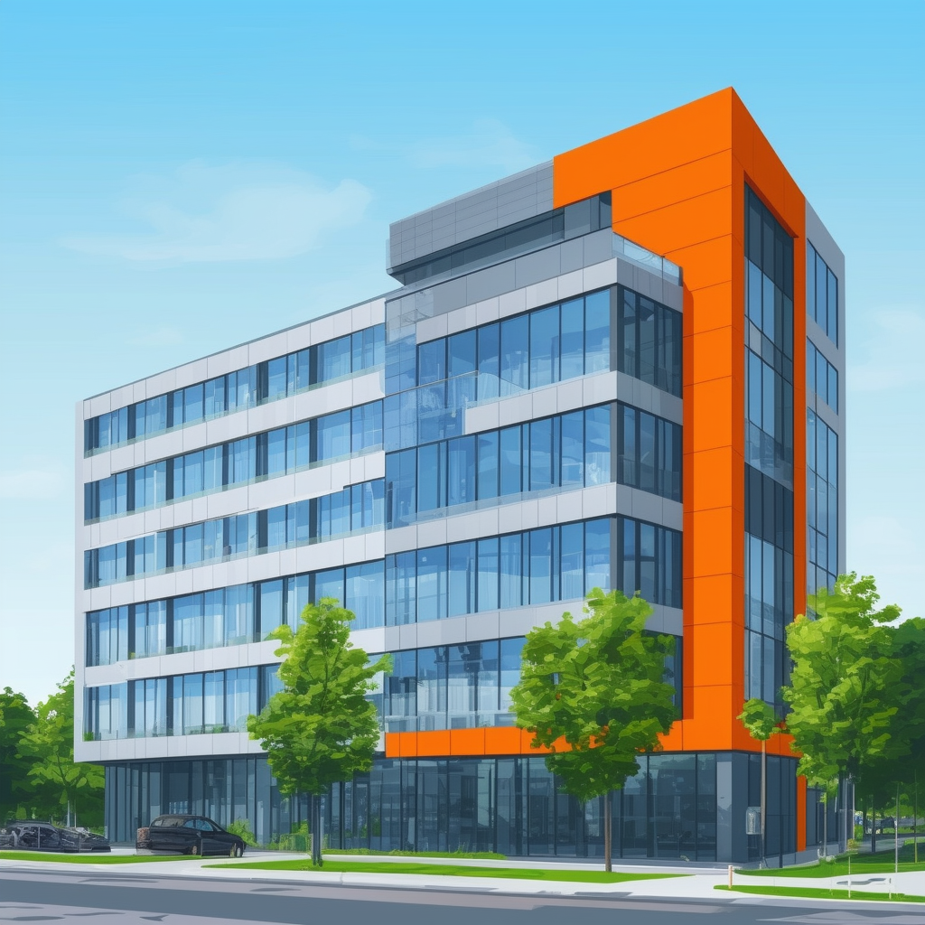 High-quality modern office building in Frankfurt Germany featuring a striking orange accent wall surrounded by lush greenery symbolizing successful commercial property rental highlighting market analysis strategic positioning expert advice and the benefits