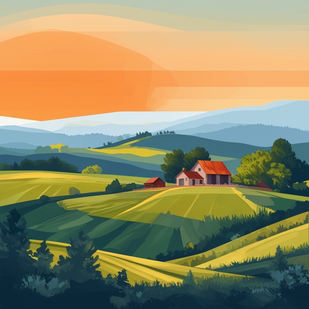 Serene countryside landscape with rolling hills green pastures rustic farmhouses warm orange sunset sky soft blue background subtle white dark gray light gray accents.