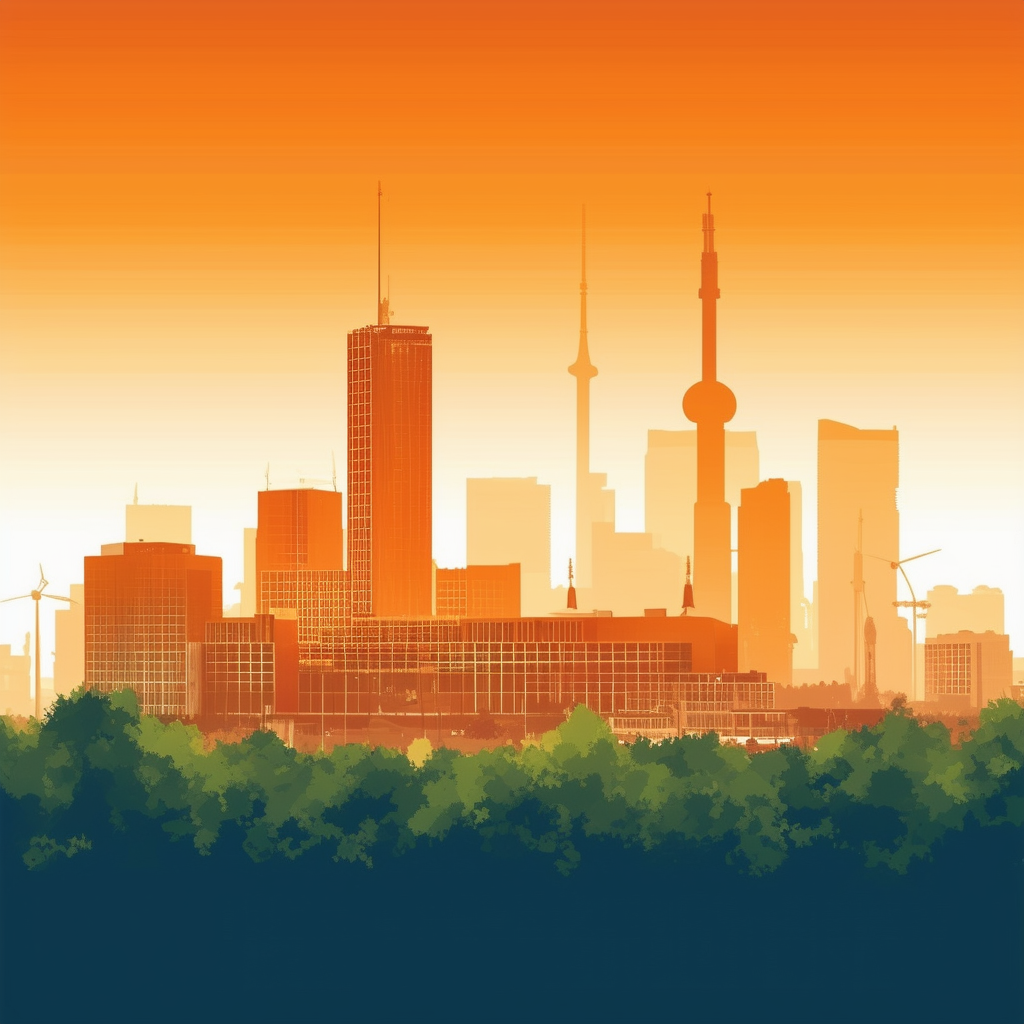 Frankfurter Skyline Illustration: Panoramic view of Frankfurts skyline with gradient effect featuring iconic buildings lush greenery symbolizing growth  prosperity. White ffffff Orange ec6707 Blue 1398f8 Dark Gray 595857 Light Gray a6a7a8