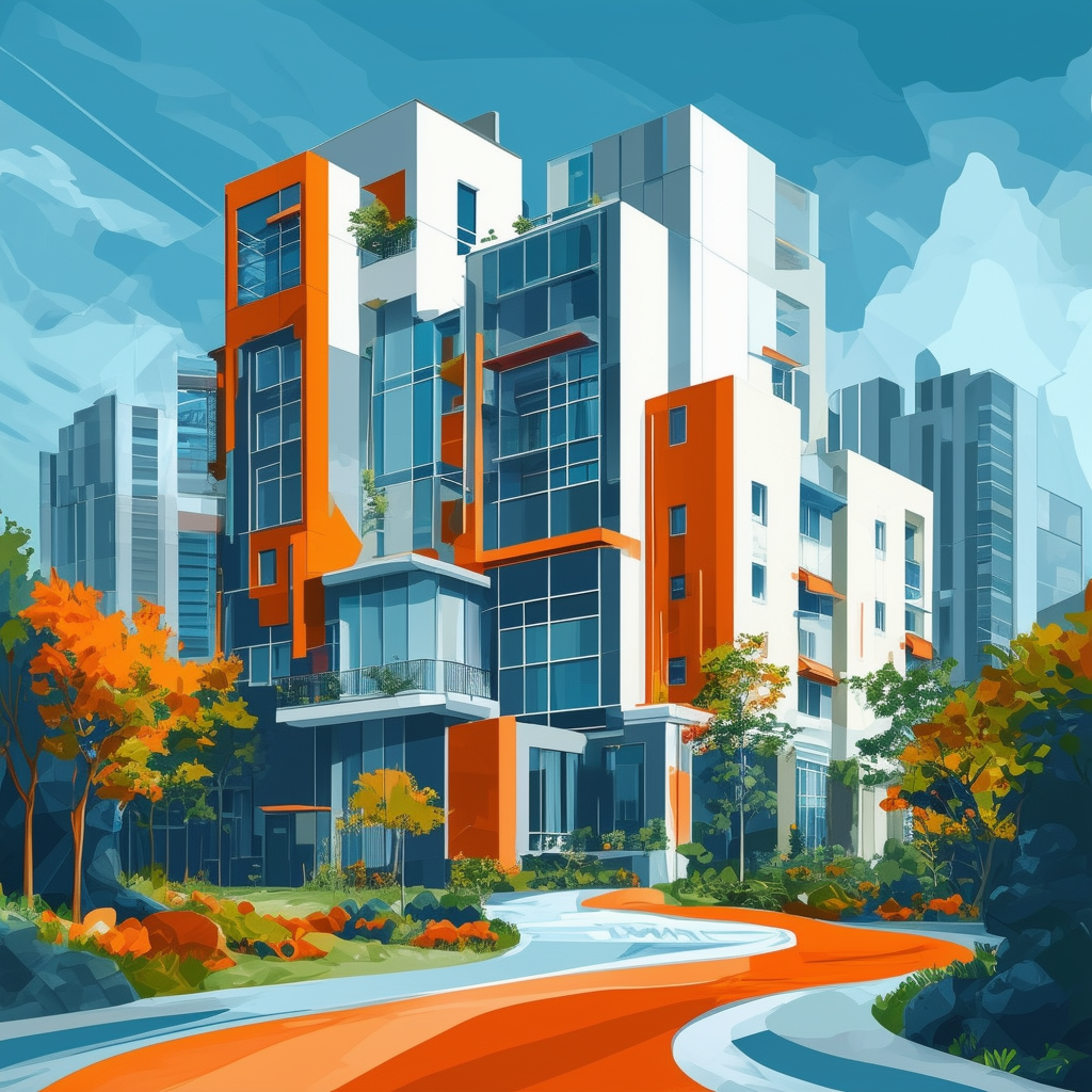 Future urban landscape illustration blending modern architecture with sustainable elements showcasing demographic and societal changes on housing market in 2025 set against vibrant colors including White ffffff Orange ec6707 Blue 1398f8 Dark Gray 595857 Li