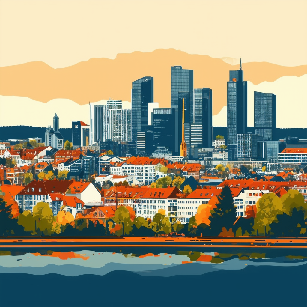 High-quality vector illustration showcasing Frankfurts skyline highlighting its financial district vibrant neighborhoods greenery modern architecture economic growth quality of life set against a warm color palette featuring White ffffff Orange ec6707 Blue