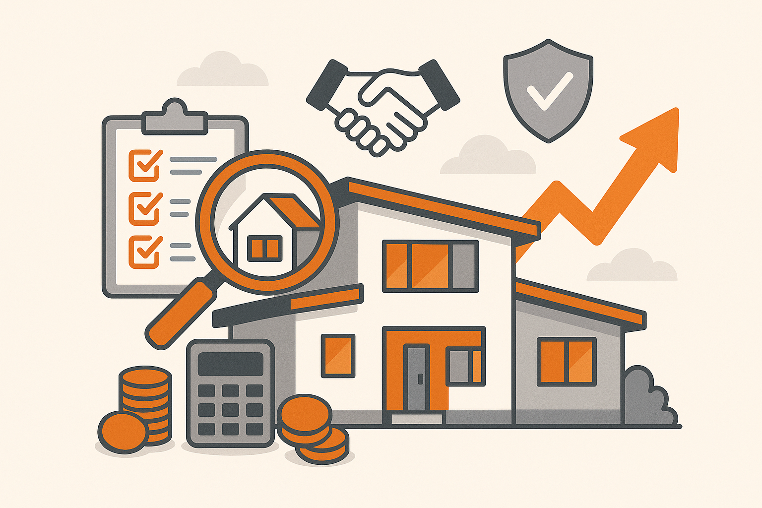 Modernes Haus mit Lupe, Checkliste, Taschenrechner, Münzen und Pfeil, Symbole für Immobilienkauf 2024, Finanzierung, Beratung