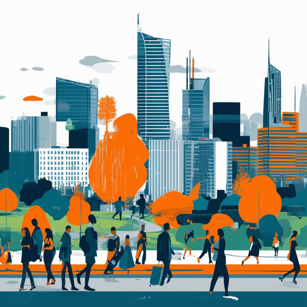 Modern Frankfurt Skyline Illustration: A vibrant stylized representation of the citys skyline featuring modern skyscrapers green spaces bustling street scene diverse people from various cultures professions ages abstract shapes lines evoking energy dynamis