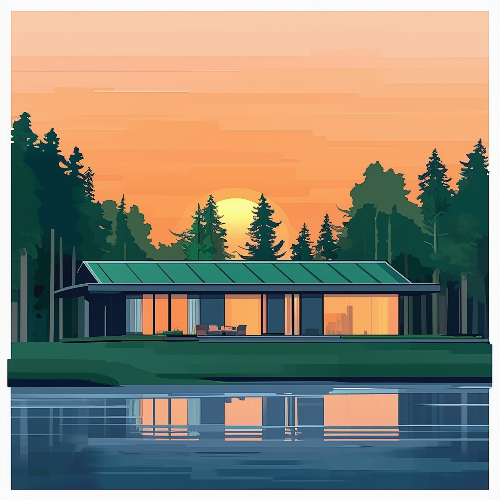 Modern home with green roof serene lake view orange sunset sky blending nature  urban living calm blues soft grays dark outlines white highlights.