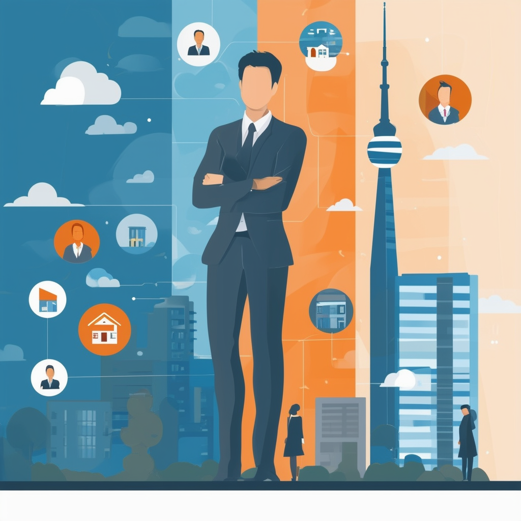 Professional real estate agent in Frankfurt am Main surrounded by icons representing property valuation consulting sales services with gradient effect incorporating Hex colors: White ffffff Orange ec6707 Blue 1398f8 Dark Gray 595857 Light Gray a6a7a8.