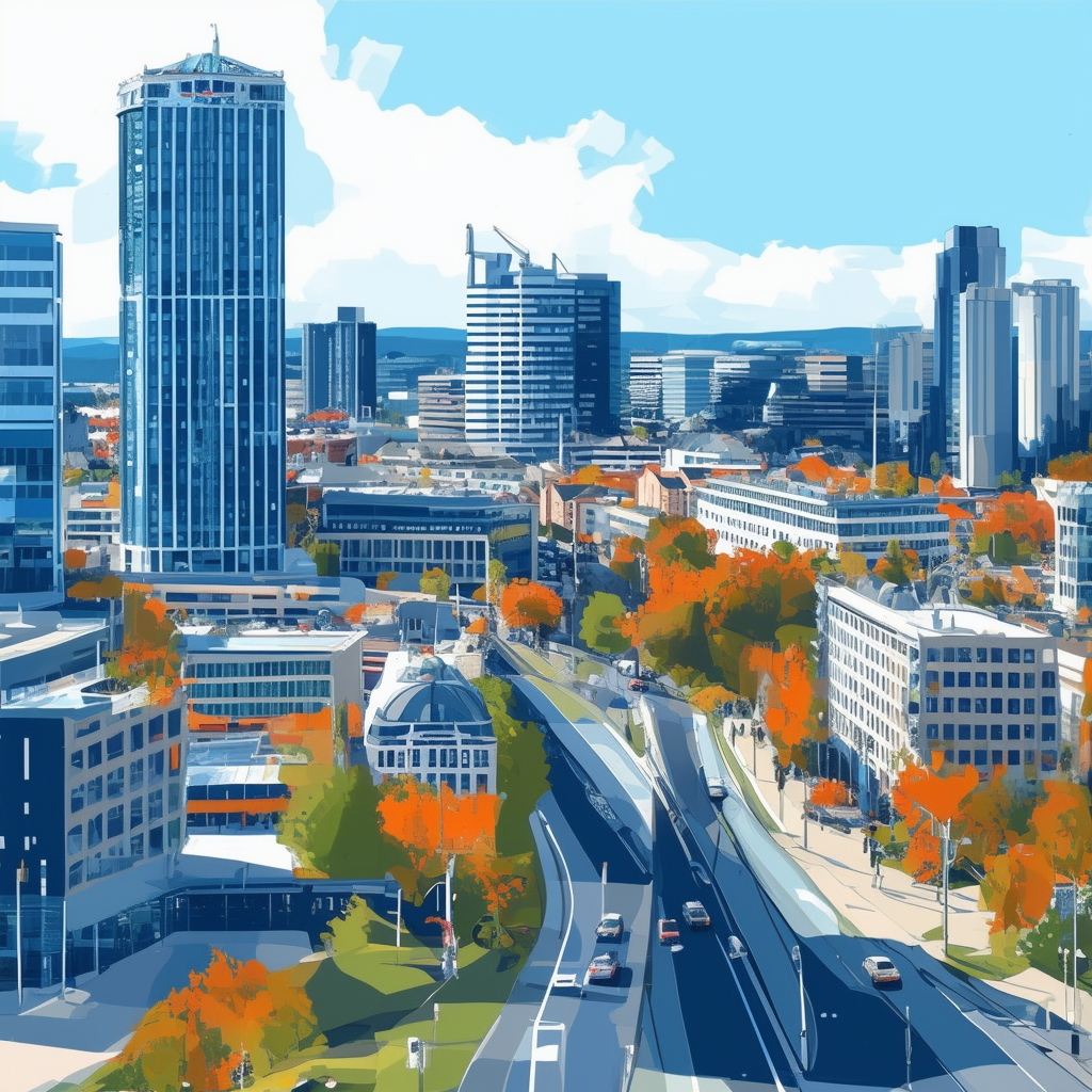 High-quality flat vector illustration showcasing Frankfurts thriving commercial real estate market featuring modern office buildings trendy retail spaces and urban landscape set against a bright blue sky with lush greenery incorporating hex colors: White f