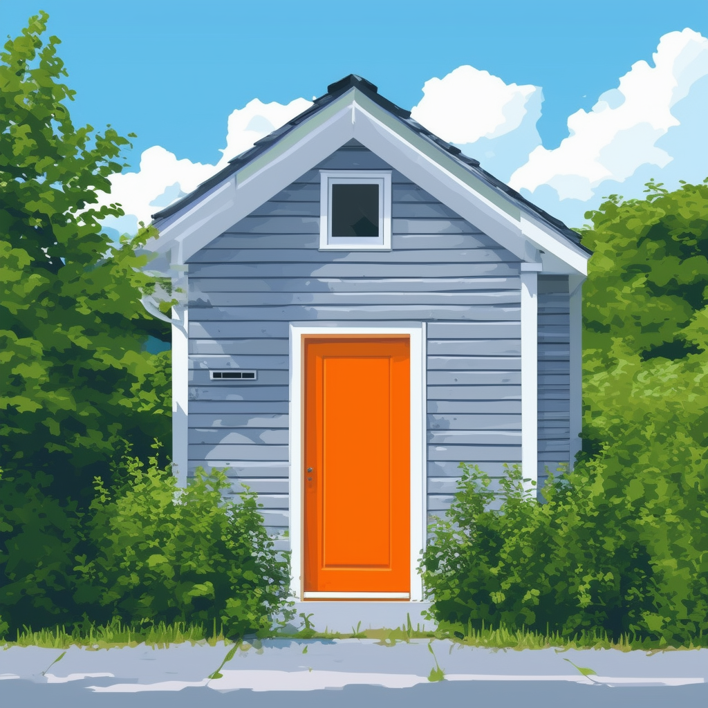 Cozy Home Illustration: A charming house with a bright orange door surrounded by lush greenery set against a serene blue sky with fluffy white clouds accented by subtle dark gray lines and light gray shading evoking feelings of warmth comfort stability 139