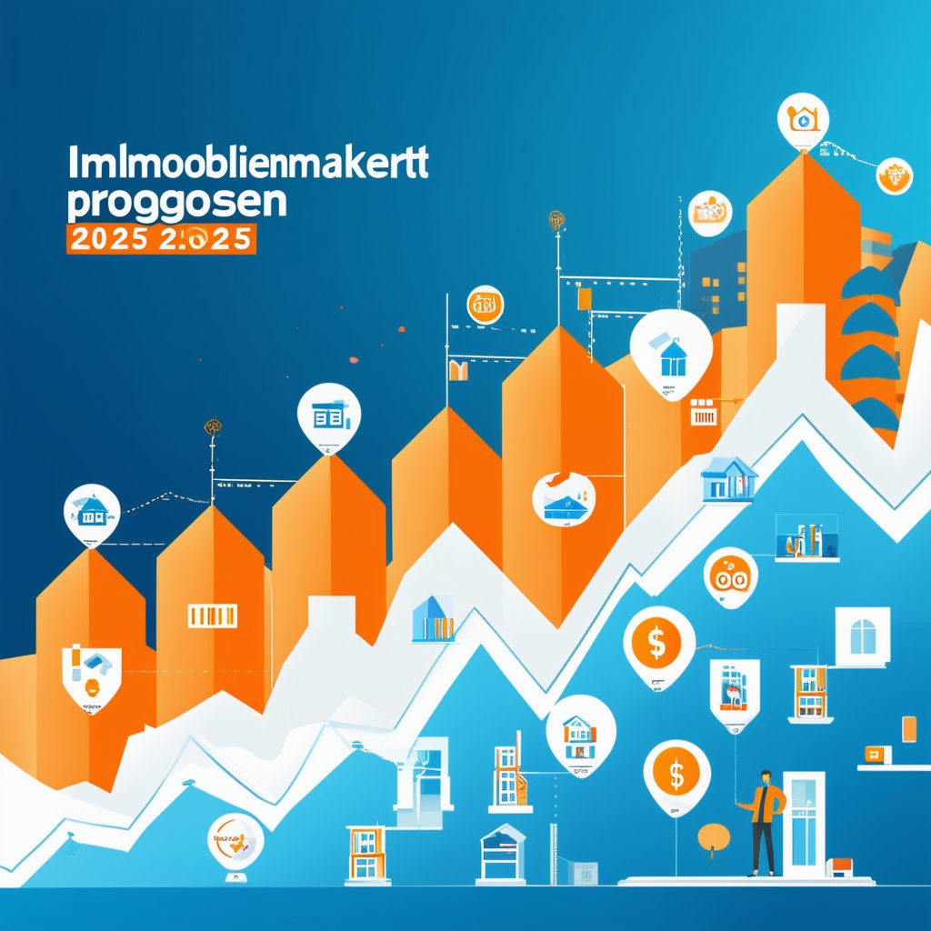 Immobilienmarktprognosen 2025: Flat Vector Illustration - Stylized Graph Showing Expected Growth in Housing Prices Icons Representing Regions  Market Trends Gradient Background Transitioning from White ffffff to Orange ec6707 Optimism  Energy.