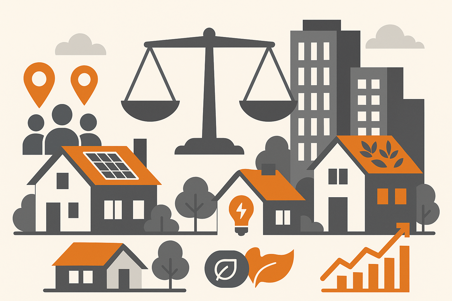 Ausgewogene Stadtansicht mit modernen Wohngebäuden, Solarpanels, grünen Dächern, Symbolen für Stabilität und hohe Immobiliennachfrage.