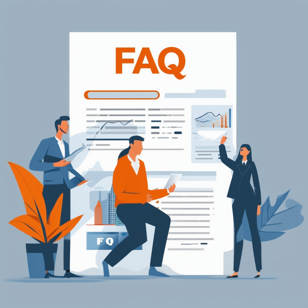 Eine flache Vektorillustration einer professionellen und informativen FAQ-Sektion zum Verkauf von Gewerbeimmobilien mit den Farben Weiss ffffff Orange ec6707 Blau 1398f8 Dunkelgrau 595857 und Hellgrau a6a7a8.