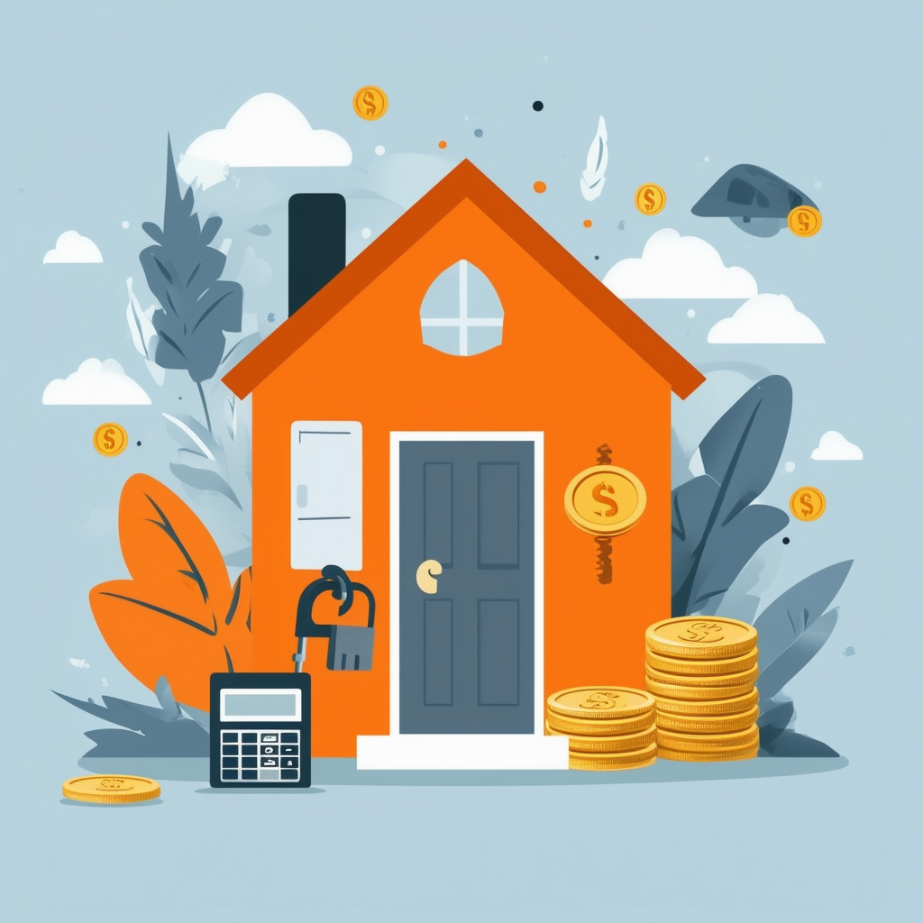 Dream Home Unlocking: Frankfurt House Key Illustration symbolizing financial freedom  stability surrounded by coins calculators mortgage documents set against warm orange ec6707 background with calming blue 1398f8 light gray a6a7a8 dark gray 595857 white f