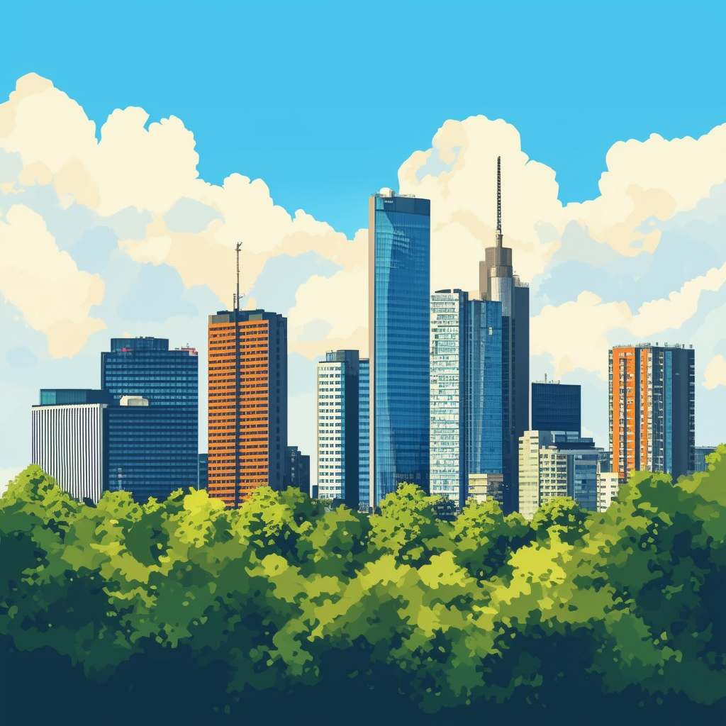 Panorama of Frankfurt skyline rising amidst lush greenery symbolizing growth and prosperity set against a bright blue sky with subtle cloud formations incorporating Hex colors: White ffffff Orange ec6707 Blue 1398f8 Dark Gray 595857 Light Gray a6a7a8.