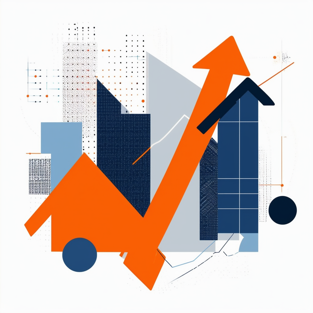 Graph illustrating property value fluctuations stylized design upward and downward arrows abstract shapes in white orange blue dark gray light gray.