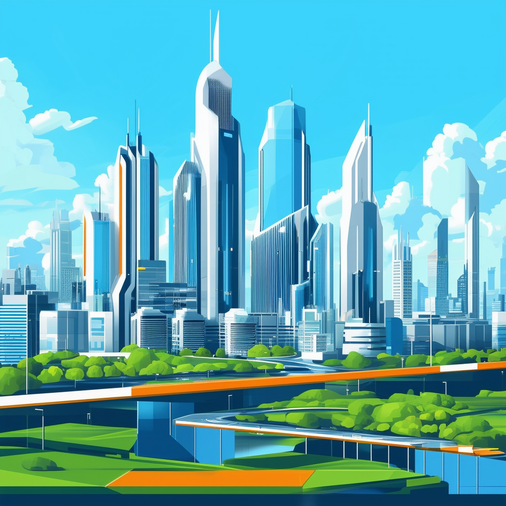 Future Cityscape Illustration: Modern skyscrapers green parks innovative architecture bright blue sky hex colors: White ffffff Orange ec6707 Blue 1398f8 Dark Gray 595857 Light Gray a6a7a8.