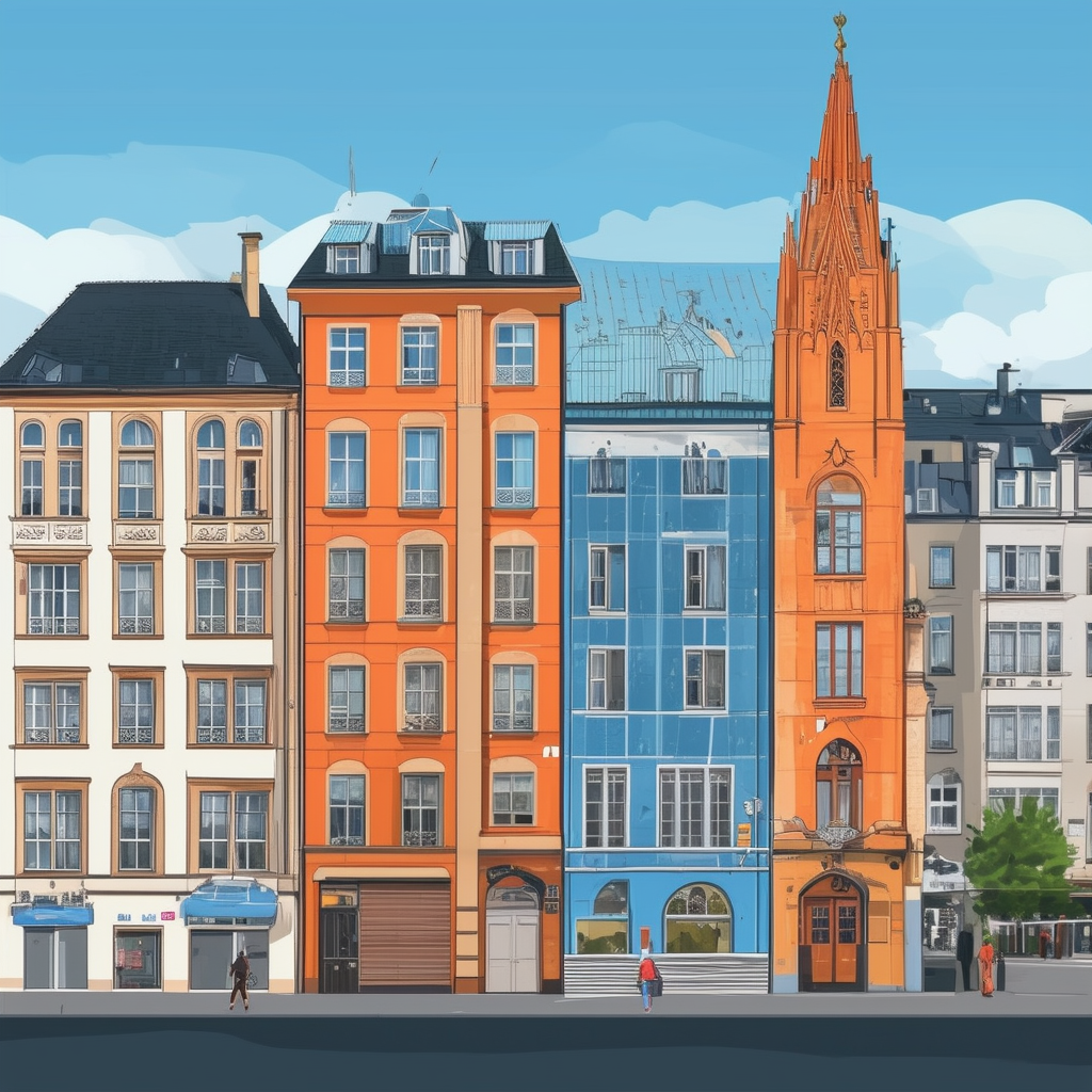 Beste Stadtteile fuer den Immobilienkauf in Frankfurt: Illustration von ikonischen Landmarken und Architekturen aus jedem Bezirk gegen einen warmen Farbton mit White ffffff Orange ec6707 Blau 1398f8 dunklem Grau 595857 und hellem Grau a6a7a8.