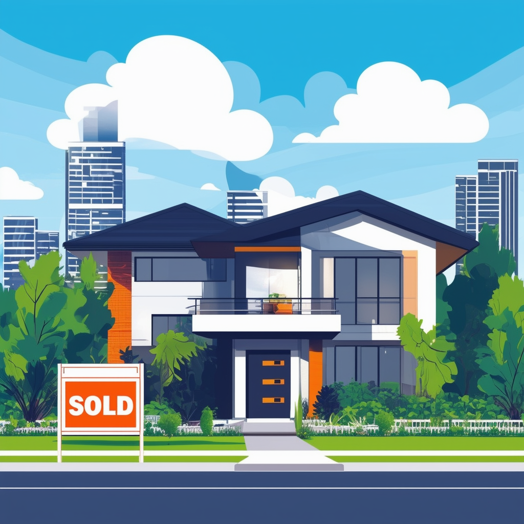 High-quality flat vector illustration of a house being sold by an experienced real estate agent in front of modern architecture surrounded by lush greenery and fluffy white clouds against a bright blue sky incorporating hex colors: White ffffff Orange ec67