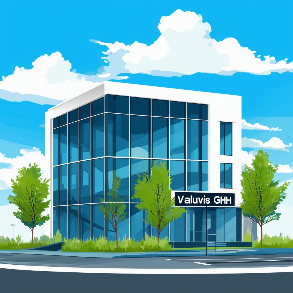 Professional modern office building illustration: Valuvis GmbH sign bright blue sky fluffy white clouds lush greenery tall trees conveying professionalism trustworthiness growth hex colors ec6707 1398f8 595857 a6a7a8 ffffff.