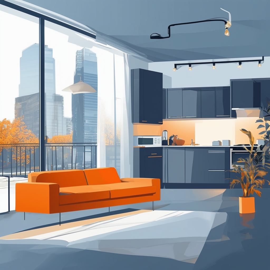 Modern Frankfurt Apartment Building Illustration: A bright living room sleek kitchen cozy bedroom urban landscape backdrop effective marketing strategies for successful property rental Hex colors: White ffffff Orange ec6707 Blue 1398f8 Dark Gray 595857 Lig