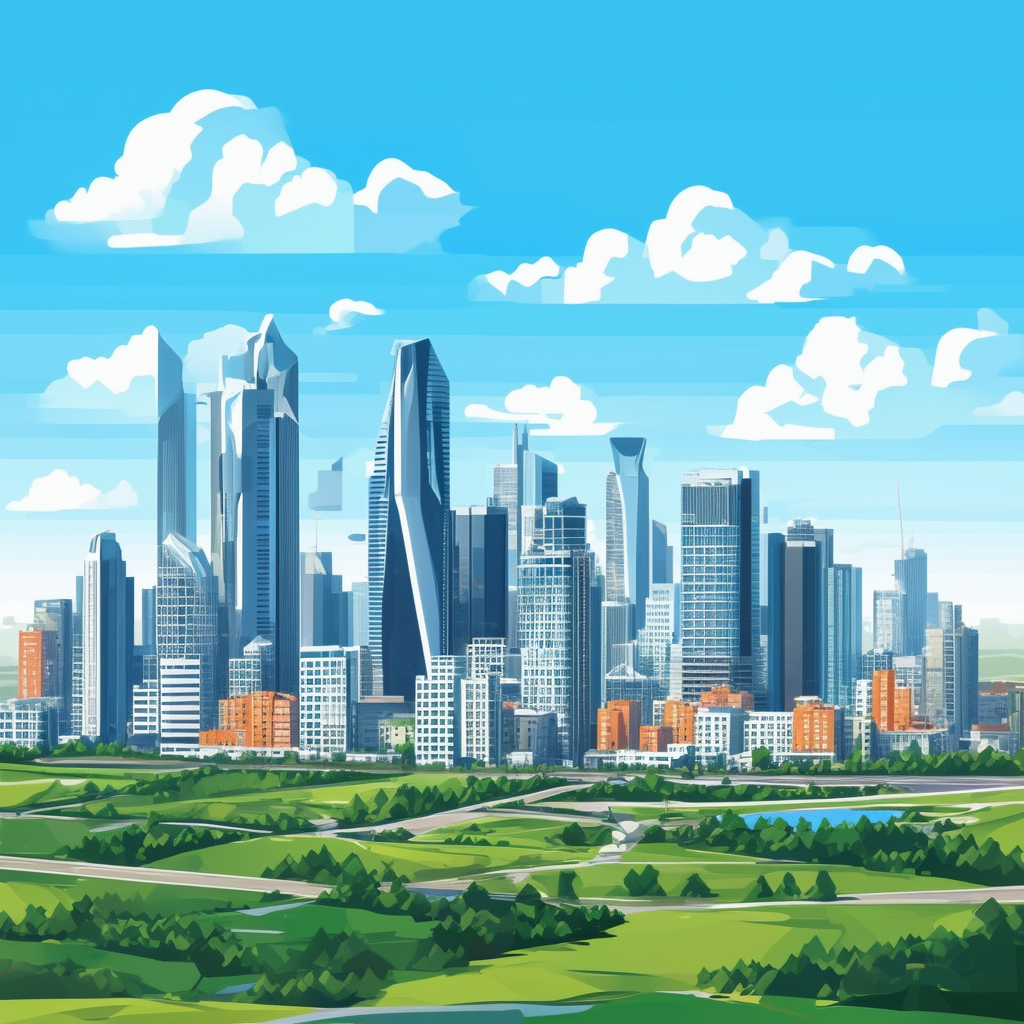 Future Cityscape: Urban landscape with futuristic skyscrapers green spaces residential and commercial buildings set against a bright blue sky with fluffy white clouds featuring prominent use of White ffffff Orange ec6707 Blue 1398f8 Dark Gray 595857 Light