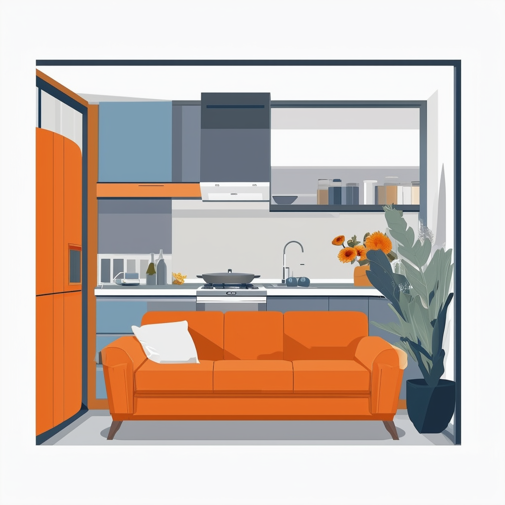 Moderne renovierte Wohnung mit hochwertigen Materialien und einladendem Ambiente in Weiss Orange Blau und Grautoenen.