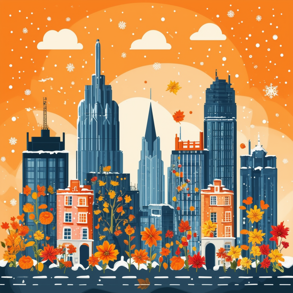 High-quality visually appealing flat vector illustration showcasing the Immobilienmarkt Frankfurt am Main highlighting the significance of timing for optimal property valuation incorporating seasonal elements flowers for spring autumn leaves winter snowfla