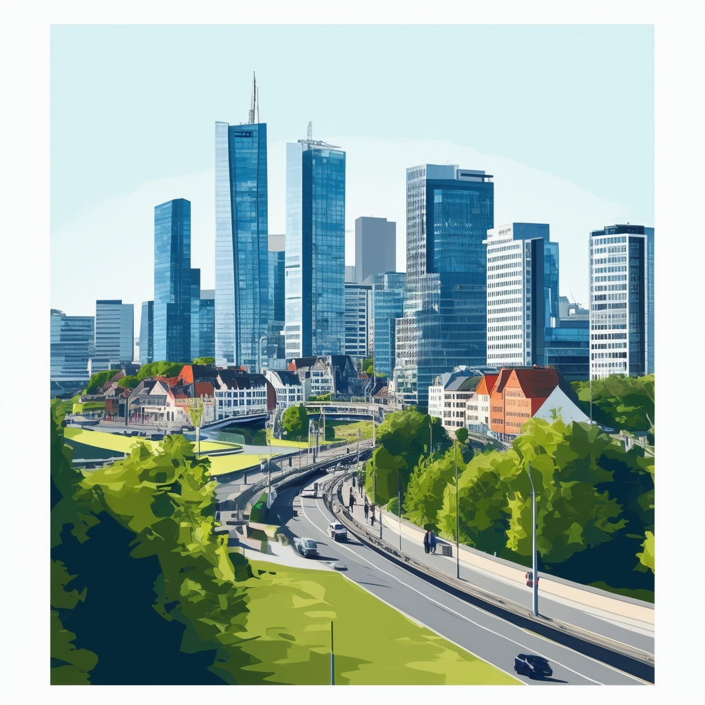 High-quality flat vector illustration of Frankfurts skyline featuring modern skyscrapers bustling streets greenery highlighting the citys dynamic development in the Immobilienmarkt with a subtle gradient effect incorporating White ffffff Orange ec6707 Blue