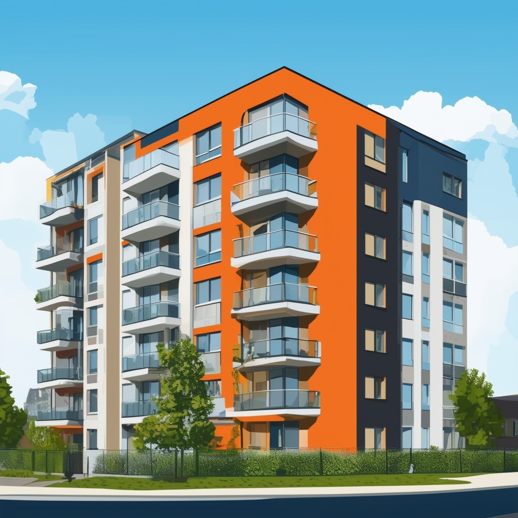 Modern apartment building in Frankfurt am Main Germany with vibrant colors: White ffffff Orange ec6707 Blue 1398f8 Dark Gray 595857 Light Gray a6a7a8 exterior architecture greenery urban landscape city charm rental appeal.