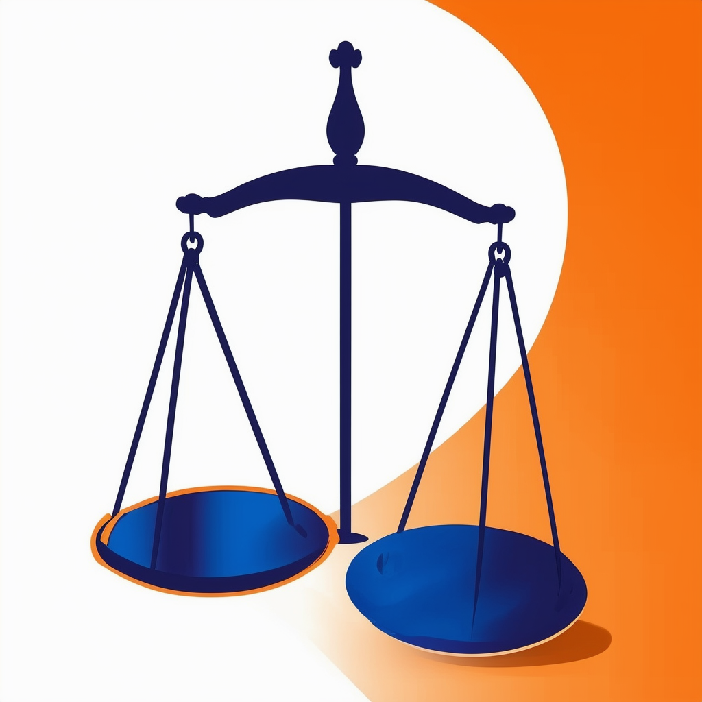 Balanced scale symbolizing fairness in property value evaluation set against gradient background transitioning from white to orange representing consideration of various factors in real estate assessments with subtle accents of blue dark gray light gray.