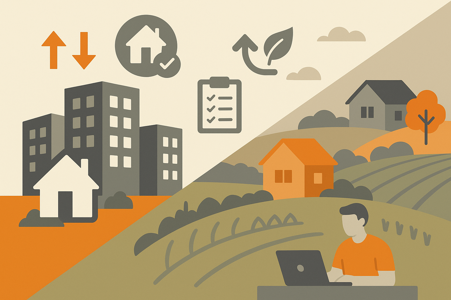 Stilisierte Stadt-Land-Illustration zeigt Immobilienmarkt-Trends, Preisunterschiede und Nachhaltigkeit in urbanen und ländlichen Regionen.