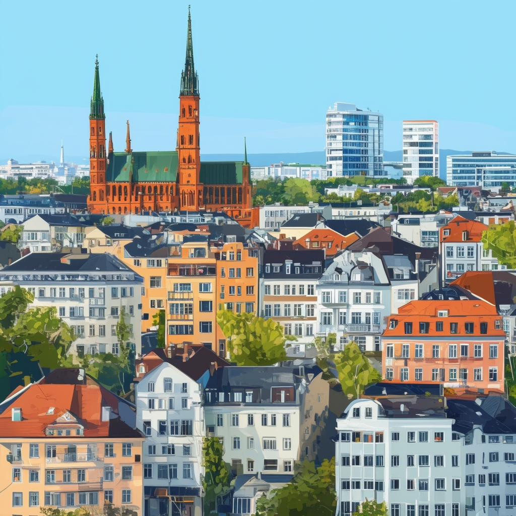 High-quality visually appealing flat vector illustration showcasing Frankfurts diverse neighborhoods including Innenstadt Sachsenhausen Nordend Westend and Bornheim featuring a mix of modern apartments historic buildings green spaces set against a bright b