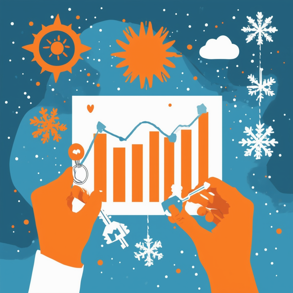 Seasonal rental tips for Frankfurt market: optimize rent prices by time of year. Graph shows average rent per sqm in different neighborhoods. Key holder surrounded by seasonal icons sun snowflake and color-coded elements ffffff ec6707 1398f8 595857 a6a7a8.