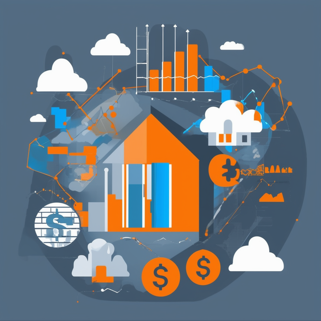 Eine ausgewogene Illustration von Angebot und Nachfrage Zinssaetzen und Wirtschaftstrends die die Bedingungen auf dem Immobilienmarkt darstellt in Weiss Orange Blau Dunkelgrau und Hellgrau.