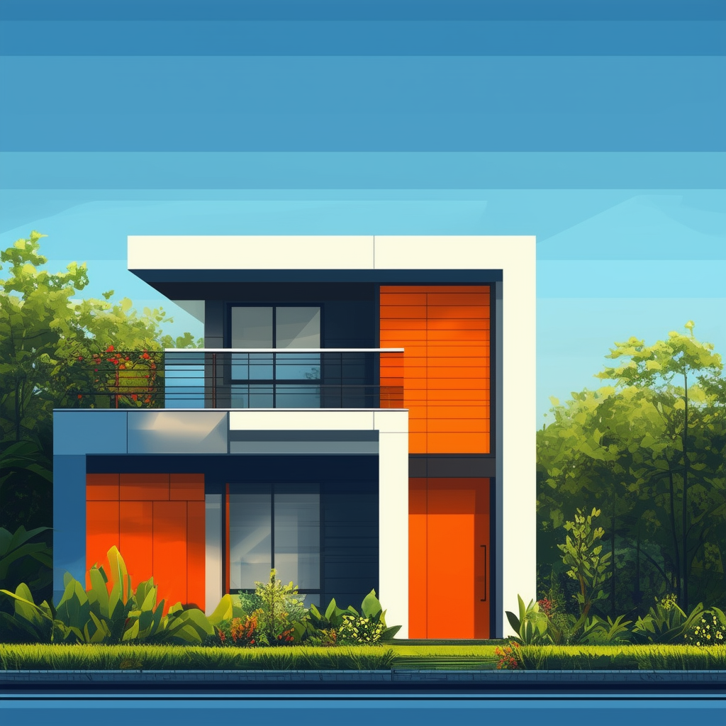 Modern home exterior illustration featuring a bright orange door surrounded by lush greenery set against a serene blue sky with subtle gradient effects and geometric patterns incorporated throughout the design. Note: The keywords used are modern home brigh