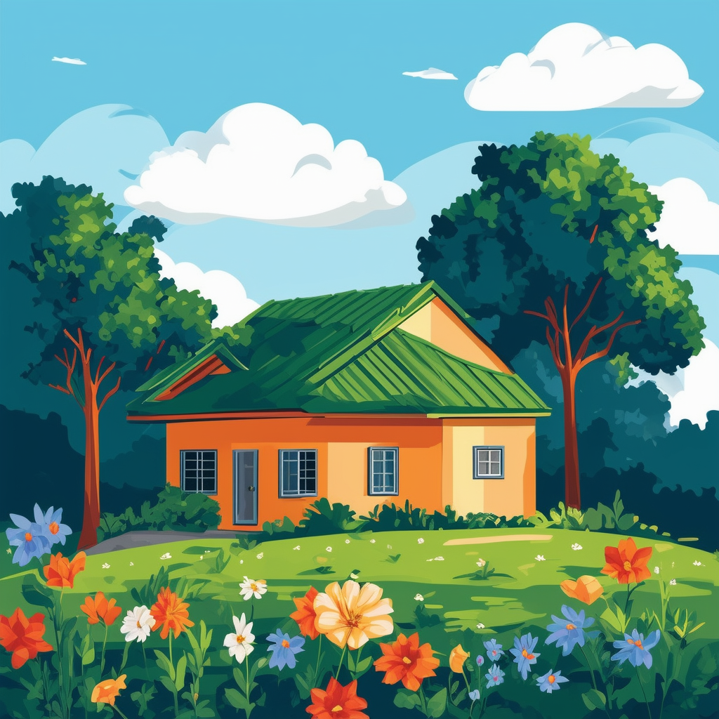 Sustainable Home Oasis: A serene flat vector illustration of a house with lush green roof surrounded by blooming trees and flowers symbolizing growth harmony balance set against bright blue sky with white clouds conveying optimism trust serenity incorporat