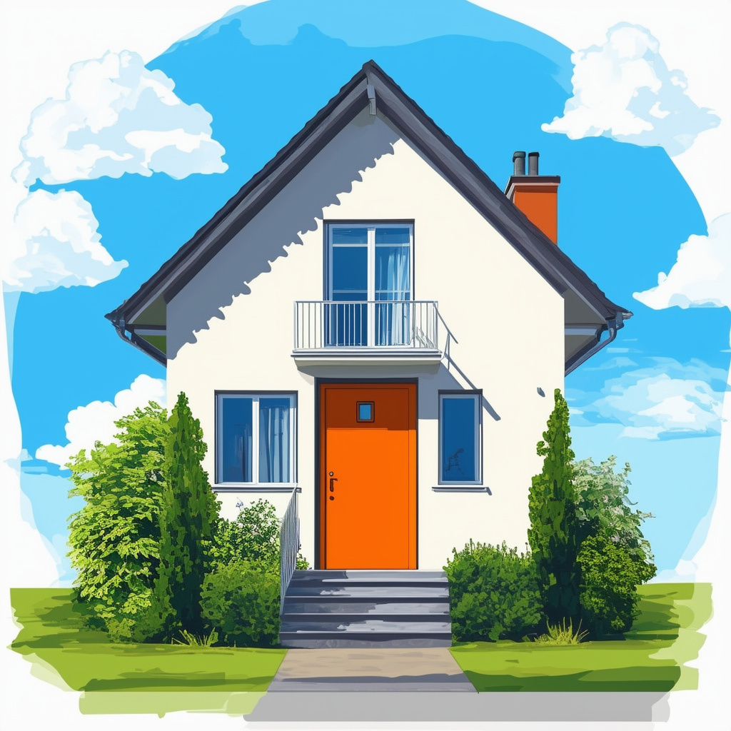 Optimistic Home Sale Illustration: A bright orange door stands out amidst lush greenery in Frankfurt am Main symbolizing new beginnings and fresh starts set against a clear blue sky with fluffy white clouds conveying the sense of excitement and possibility