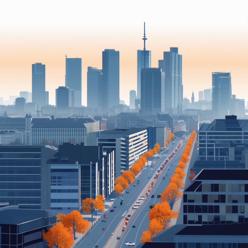 Frankfurts Skyline: Rising Skyscrapers Busting Street Scene Below Subtle Gradient Effect Incorporating White ffffff Orange ec6707 Blue 1398f8 Dark Gray 595857 Light Gray a6a7a8.