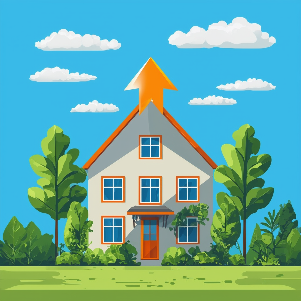 Iconic Frankfurt house illustration symbolizing growth and prosperity set against a bright blue sky with white clouds surrounded by lush greenery featuring bold lines geometric shapes and vibrant colors: White ffffff Orange ec6707 Blue 1398f8 Dark Gray 595